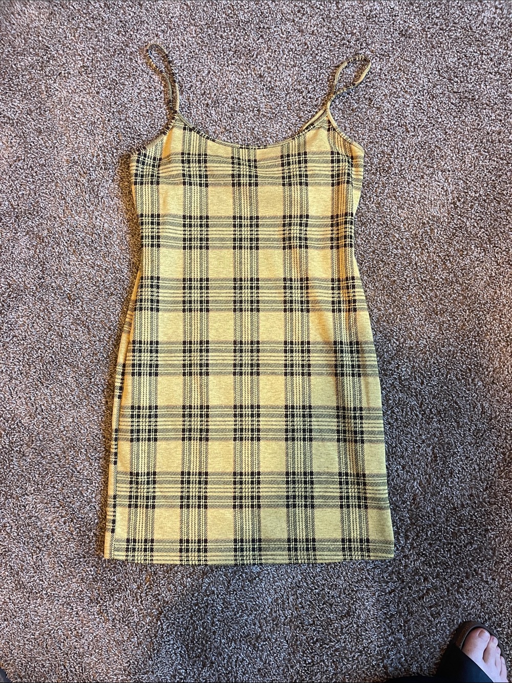 Yellow Plaid Spaghetti-Strap Mini Dress